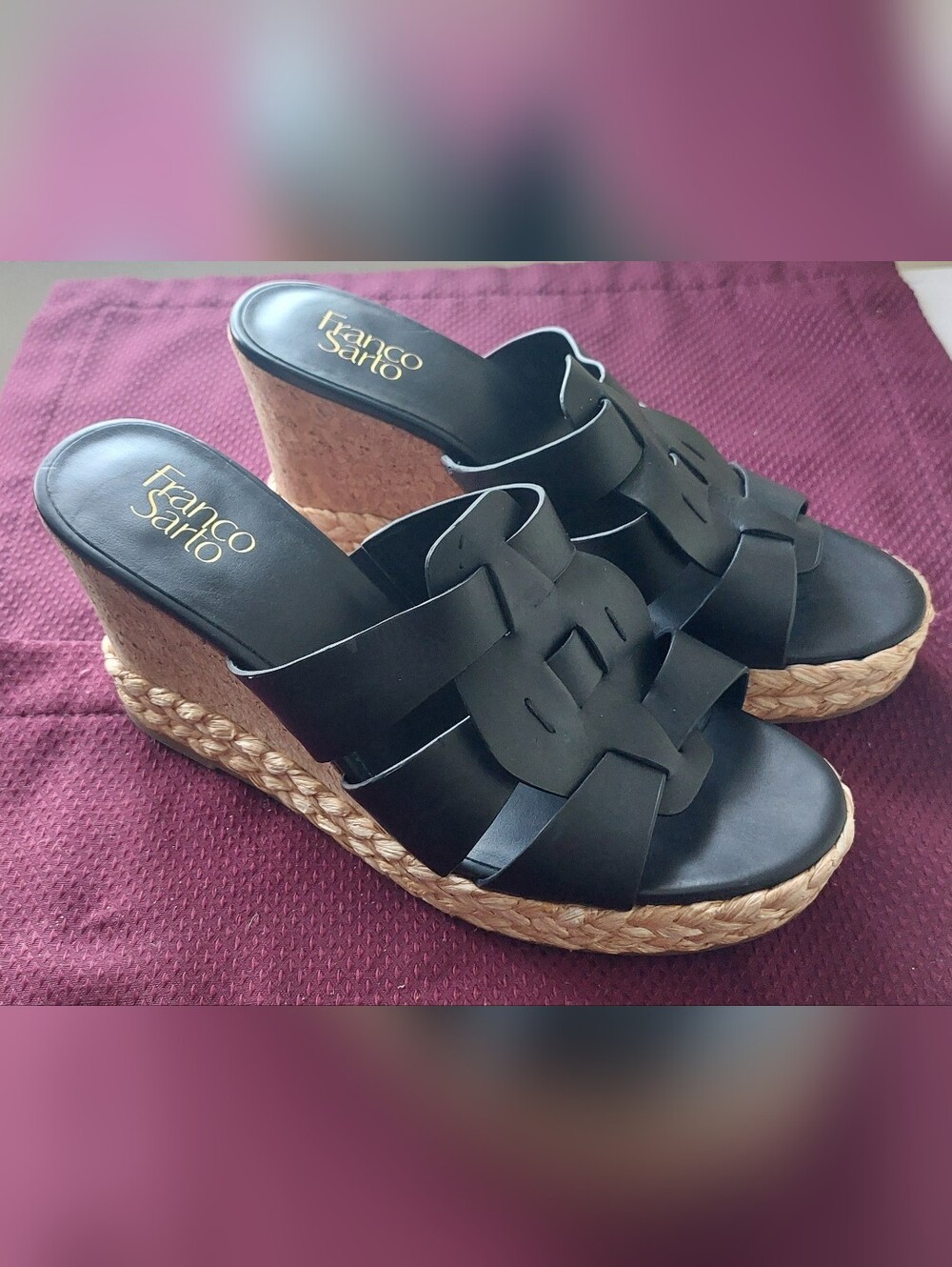 Franco Sarto Fioret Black Woven Leather Espadrille Wedge Mules